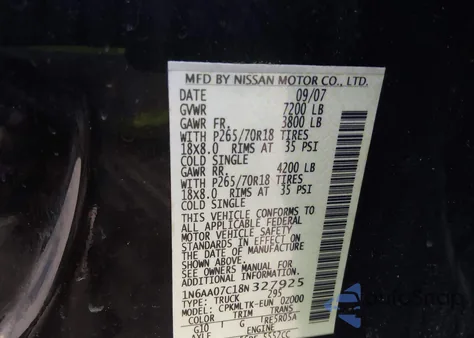 2008 Nissan Titan Se из США, поврежденный, VIN 1N6AA07C18N327925